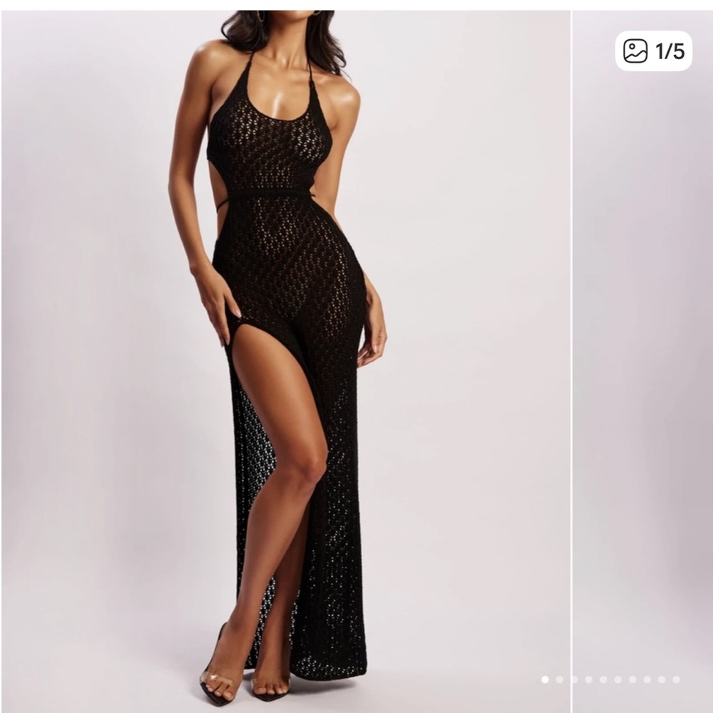 Meshki Malia Cut Out Crochet Maxi Dress Black Sz S Beachy Vacay Honeymoon
